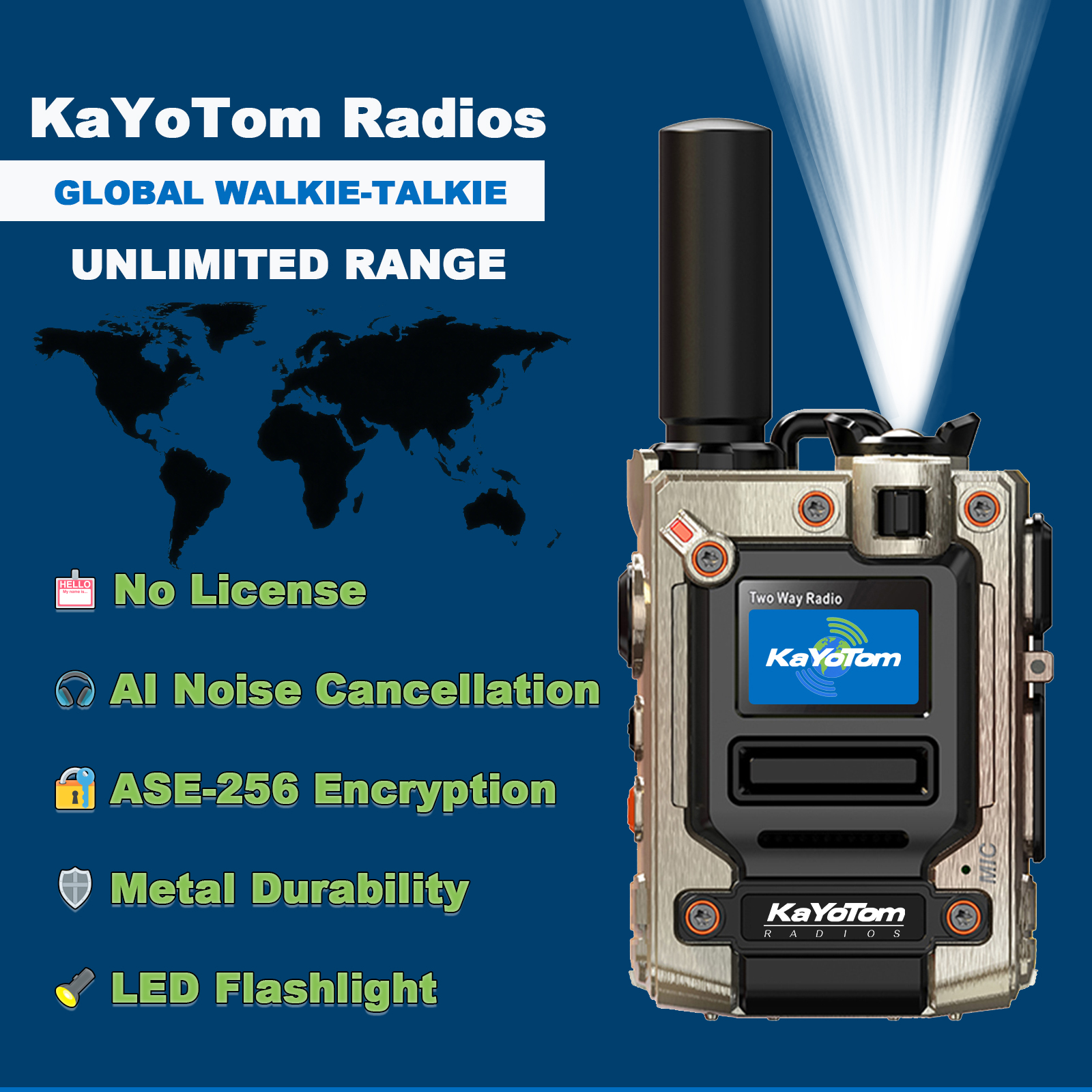KaYoTom M08 Global Walkie Talkie Unlimited Range Encrypted Two-Way Radio - 72H Battery, HD Audio, Lightweight & LED Flashlight, 172 Countries Coverage