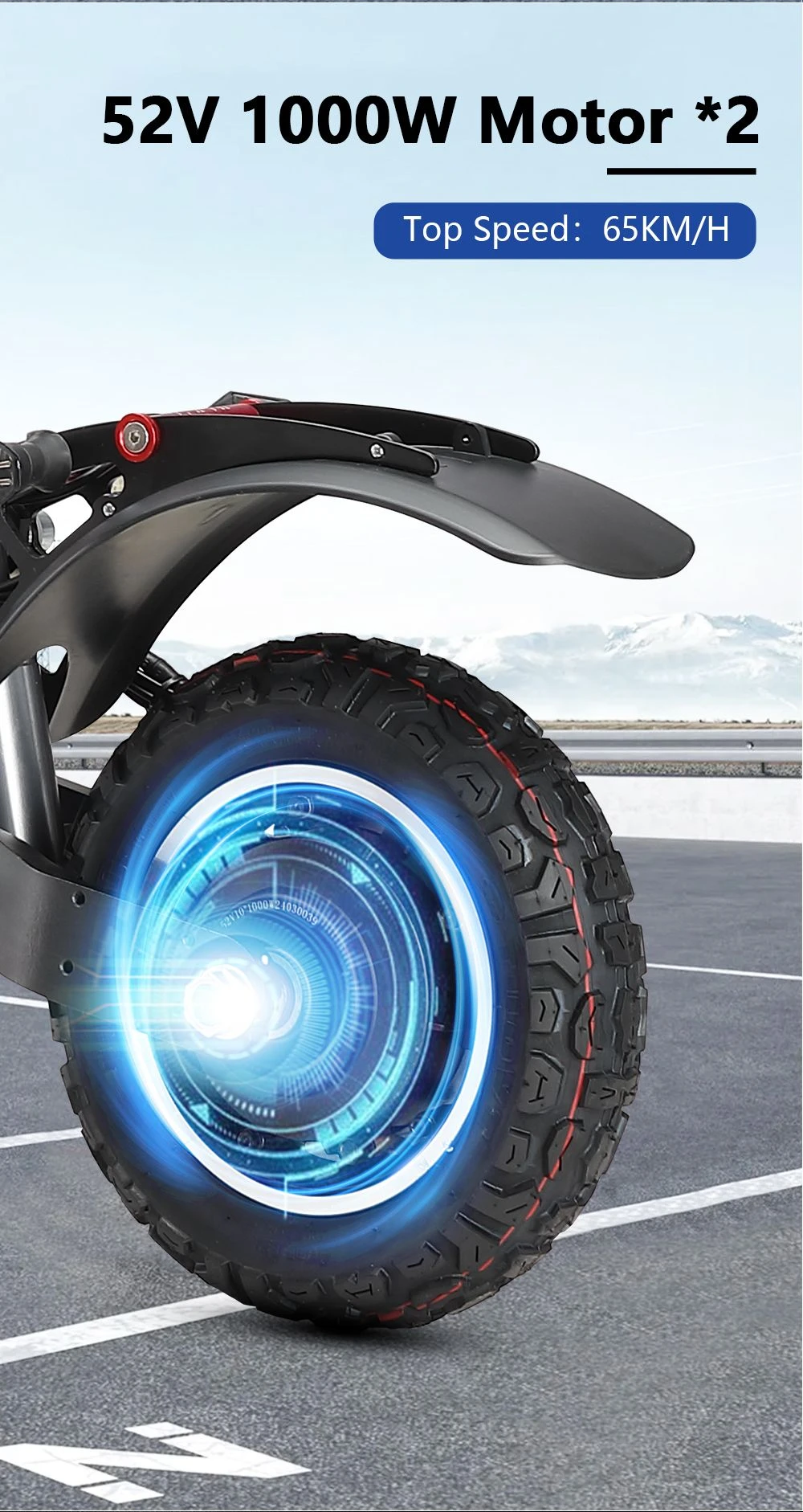 Halo Knight T104 Electric Scooter 10 inch Off-road Tires 1000W*2 Motor 65km/h Max Speed Remote control 52V 21Ah Battery 45km Range - Black