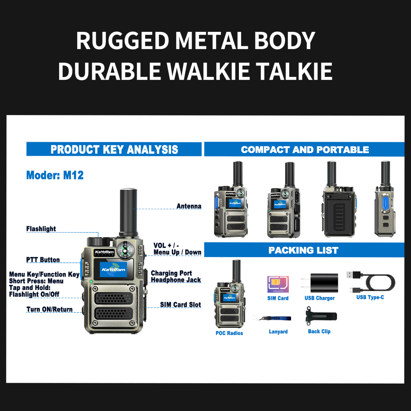 KaYoTom M12 Global LTE Walkie Talkie – Long Range Two-Way Radio, Unlimited Distance, No License Required, Built-in Flashlight & Compass, Secure PTT for Outdoor, Security & Business
