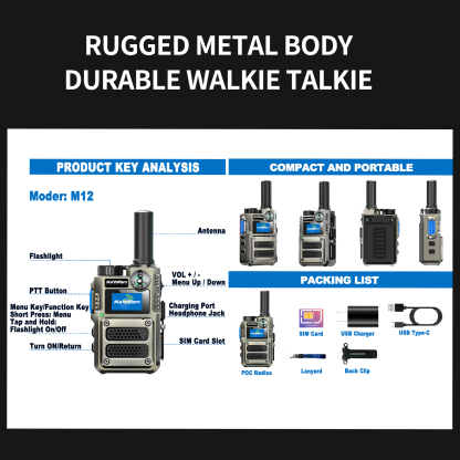 KaYoTom M12 Global LTE Walkie Talkie – Long Range Two-Way Radio, Unlimited Distance, No License Required, Built-in Flashlight & Compass, Secure PTT for Outdoor, Security & Business