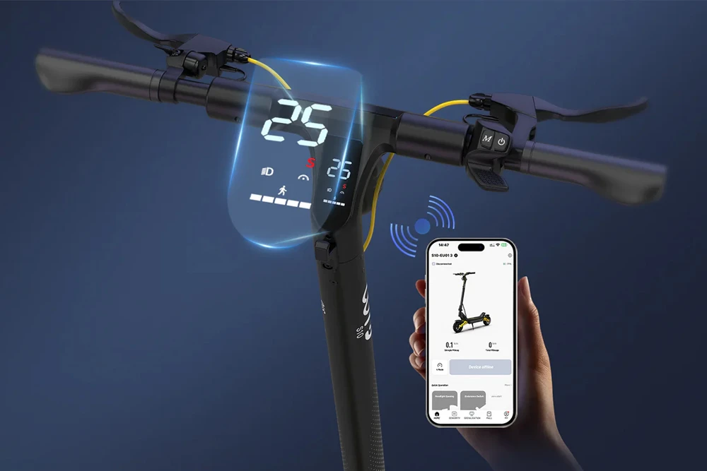 OOTD S10 Folding Electric Scooter 10 Inch Tires 1400W Motor 25km/h Max Speed 48V 20Ah Battery for 60-70km Range 120KG Max Load Disc Brake shock absorption IPX4  APP - Yellow