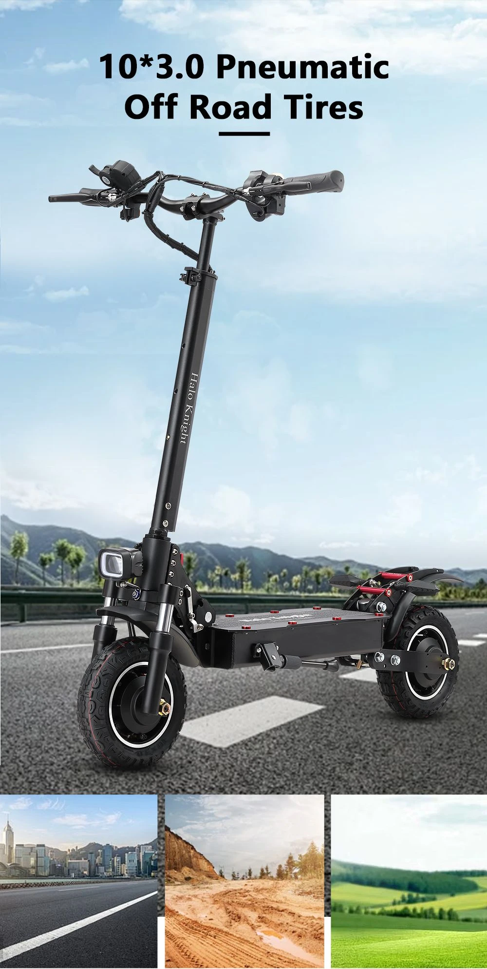 Halo Knight T104 Electric Scooter 10 inch Off-road Tires 1000W*2 Motor 65km/h Max Speed Remote control 52V 21Ah Battery 45km Range - Black
