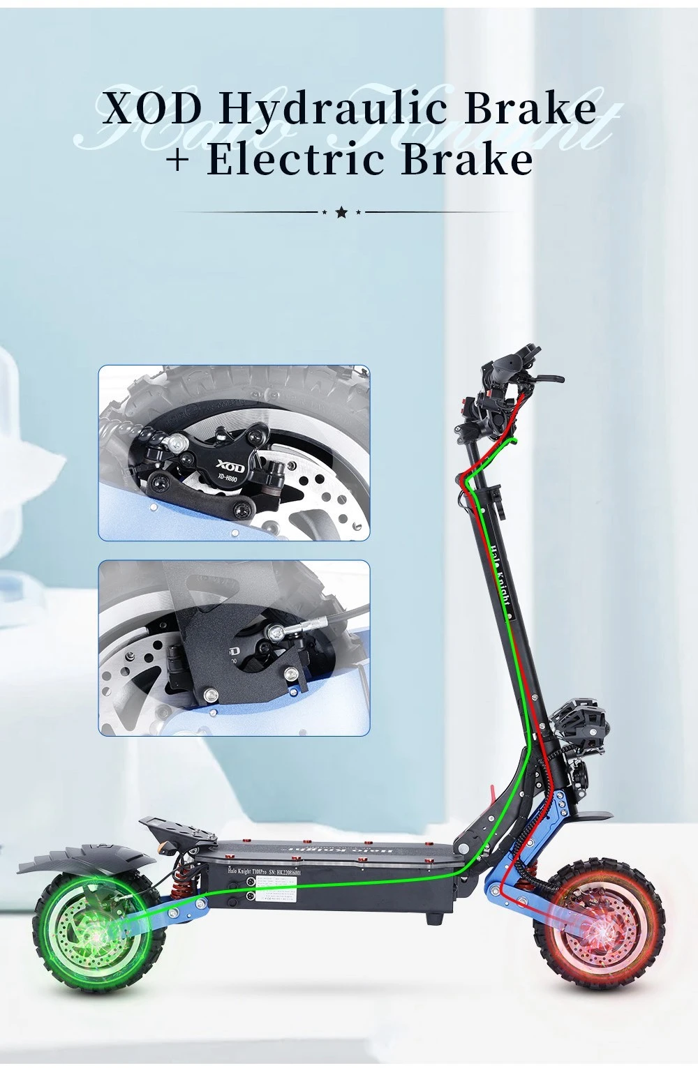 Halo Knight T108 Pro Electric Scooter 11'' Off-Road Tire 3000W*2 Motors 95Km/h Max Speed 60V 38.4Ah Battery 80KM Range 200KG Max load Front & Rear Turn Signal IPX4 Waterproof Dual Hydraulic Brakes Electric Brake