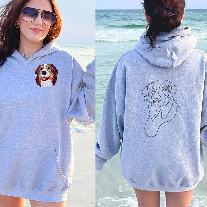 Custom Embroidered Pet Portrait Hoodie, Embroidered Pet Portrait on the Front and Back of Sweatshirt