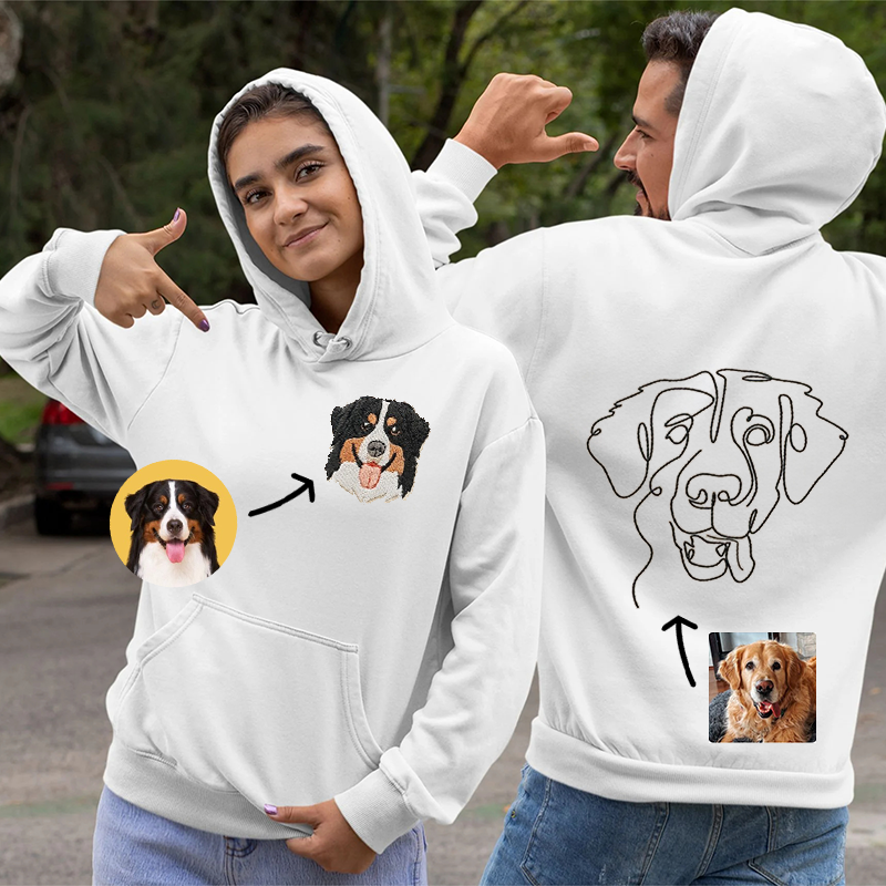 Custom Embroidered Pet Portrait Hoodie, Embroidered Pet Portrait on the Front and Back of Sweatshirt
