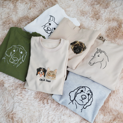 Custom Embroidered Pet Portrait Hoodie, Embroidered Pet Portrait on the Front and Back of Sweatshirt