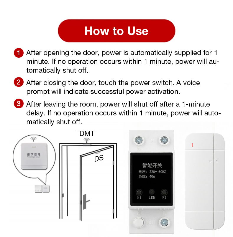 Track-Mounted Keyless Power Switch Kit （40A） - Wireless Door Sensor Control for Airbnb, No-Wiring Installation Energy Saver