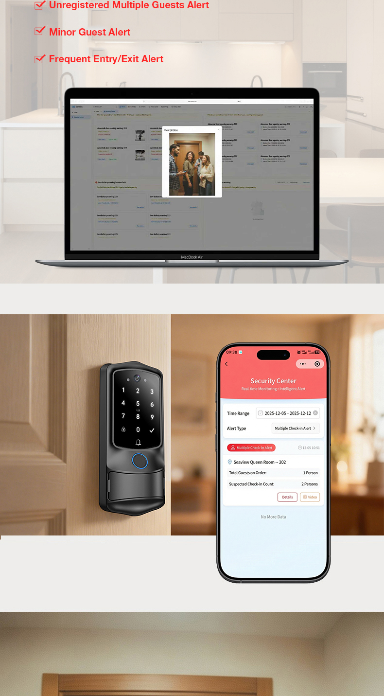 VanviotZT- H1 Pro Smart Lock for Airbnb & Vacation Rentals - AI People Counting, Visual Doorbell Camera, PMS & OTA Integration, Keyless Entry Deadbolt for Hosts