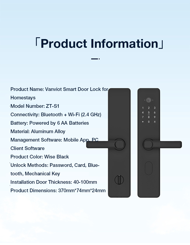 Vanviot ZT- S1 Affordable Smart Lock for Vacation Rentals - PMS Integration, OTA Sync (Airbnb/Booking), Keyless Entry & Dual Connectivity