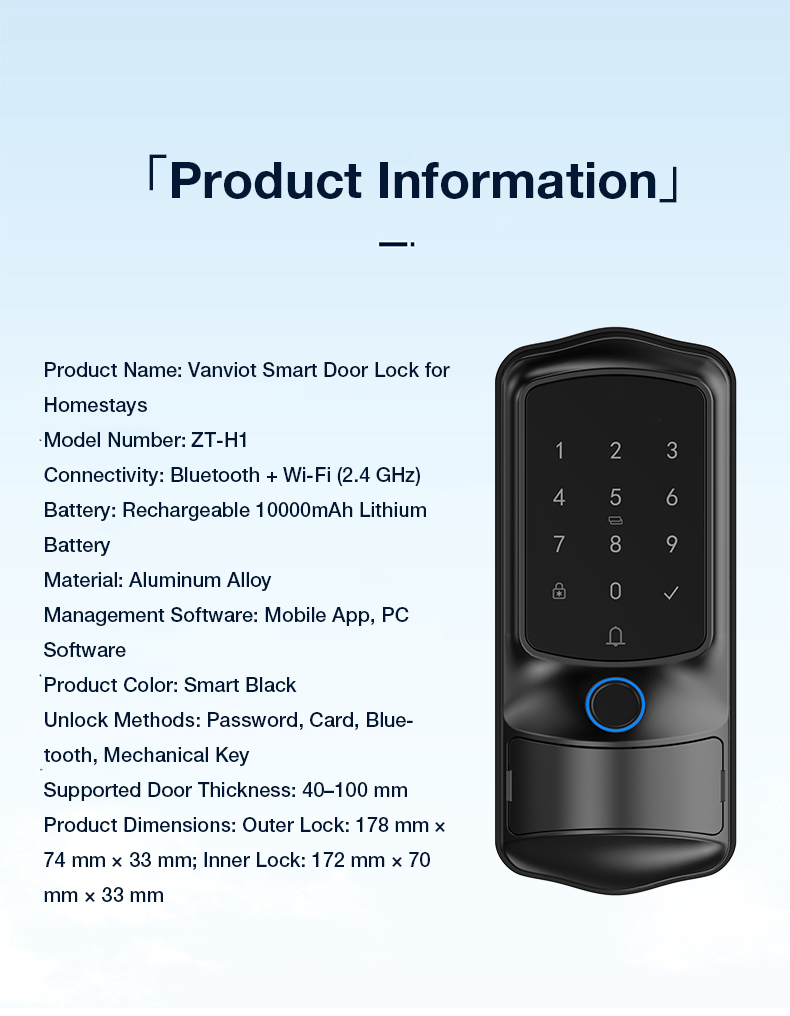 Vanviot ZT-H1  Smart Lock for Airbnb Hosts - PMS & OTA Sync, No Gateway, Keyless Entry