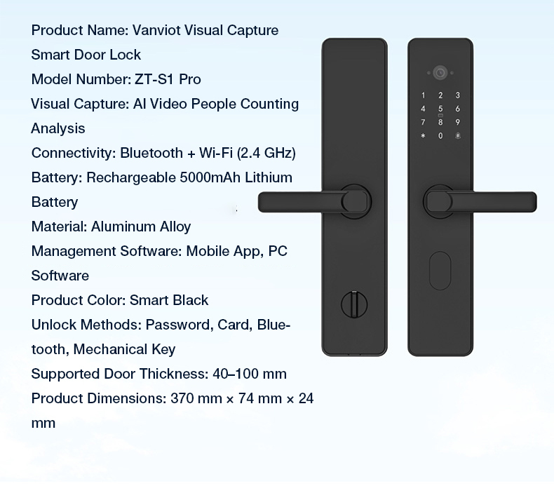 Vanviot ZT-S1 Pro AI Visual Capture Smart Lock for Airbnb - People Counting, Real-Time Alerts, PMS/OTA Sync, No Gateway