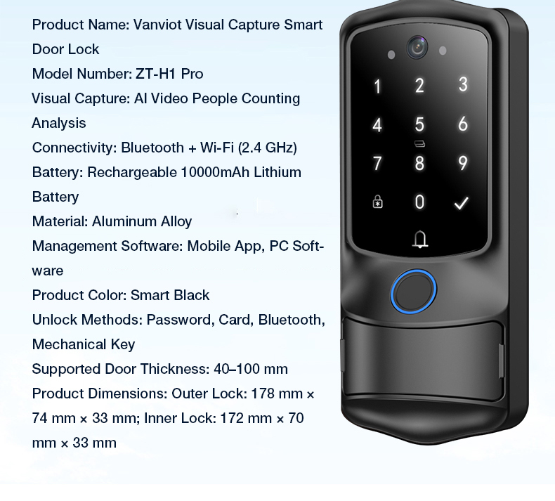 VanviotZT- H1 Pro Smart Lock for Airbnb & Vacation Rentals - AI People Counting, Visual Doorbell Camera, PMS & OTA Integration, Keyless Entry Deadbolt for Hosts