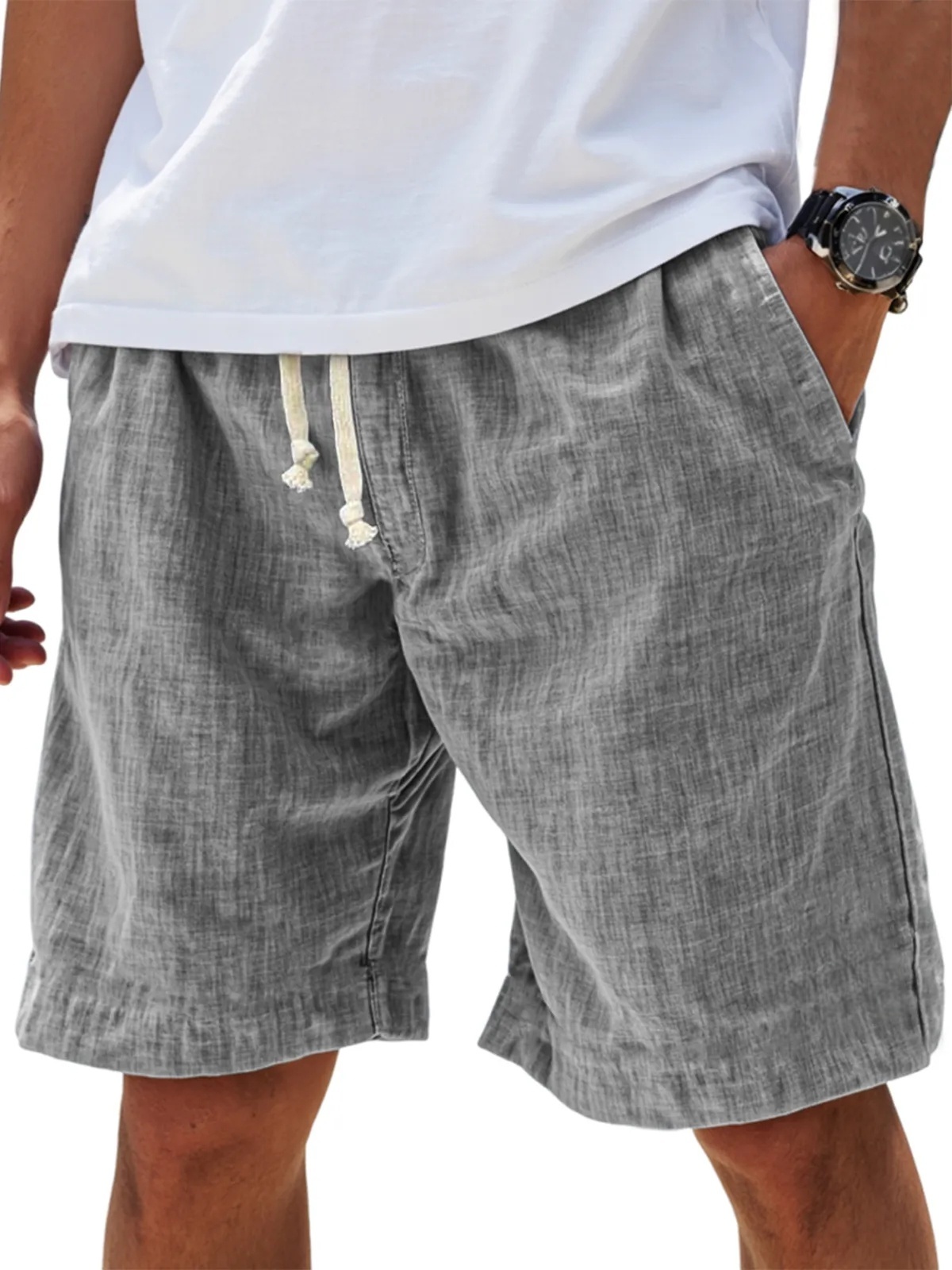 Men's Casual Breathable Linen Embroidered Logo Loose Holiday Shorts