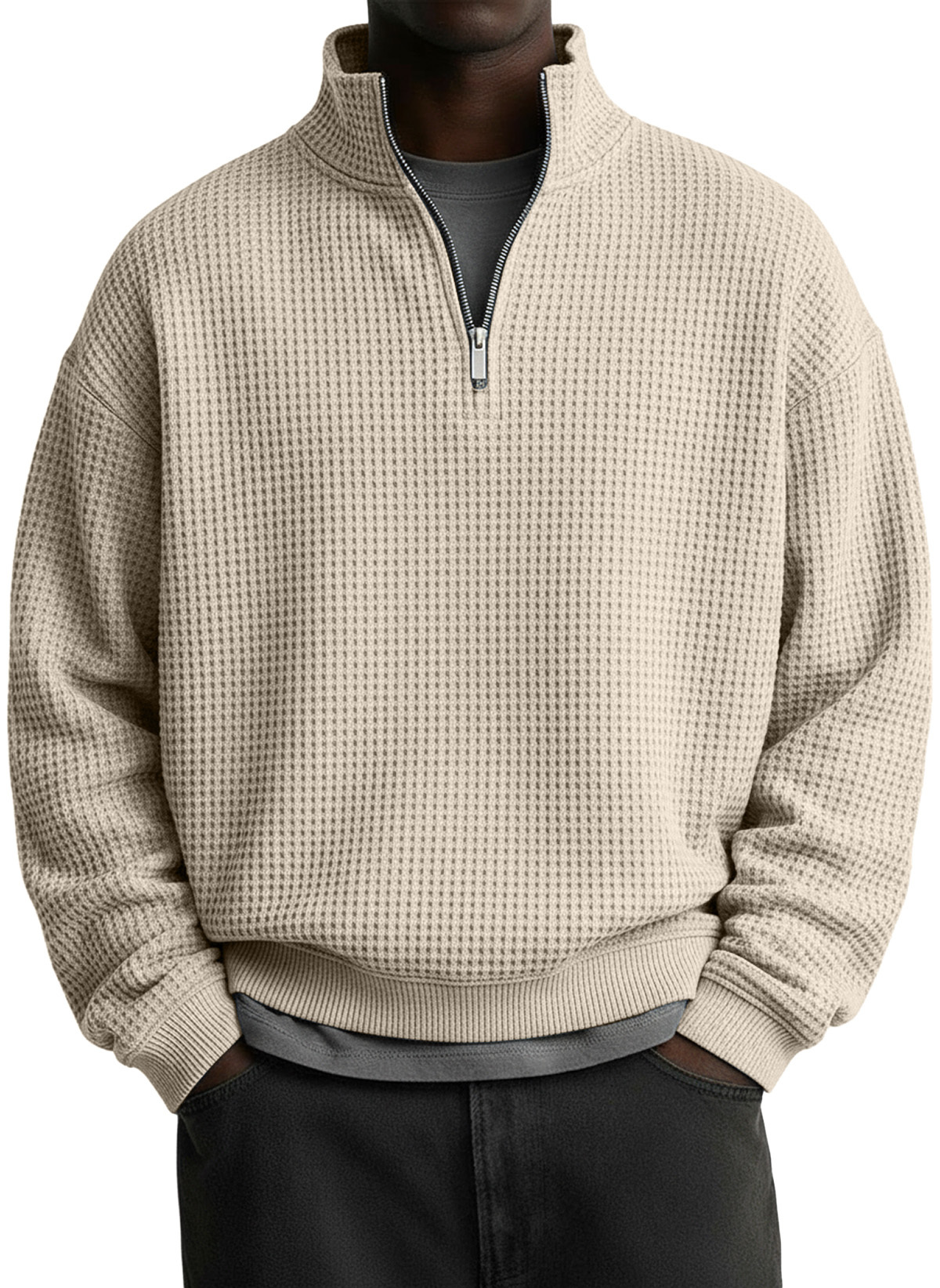 Men's Casual Solid Waffle Fabric Stand Collar Zip Sweatshirt