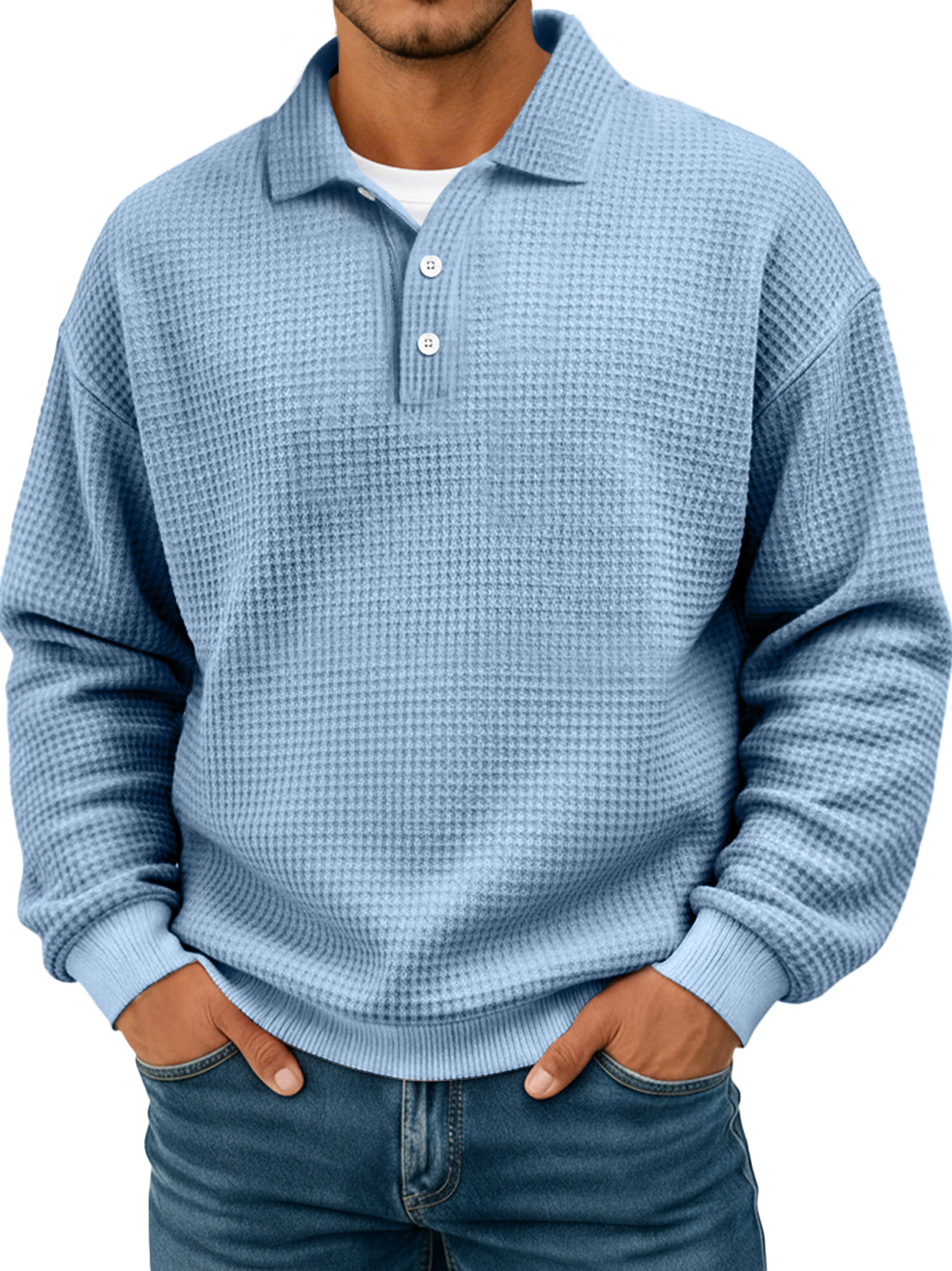 Simple waffle texture lapel button casual long-sleeved POLO shirt