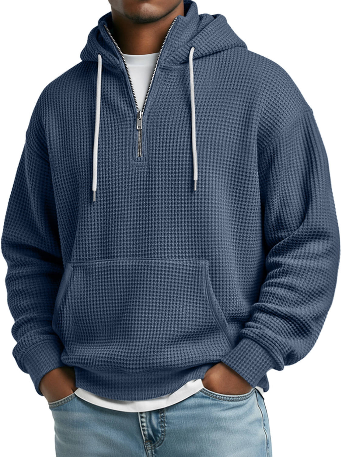 Men's Daily Waffle Stand Collar Zipper Casual Loose Hooded Sweatshirt