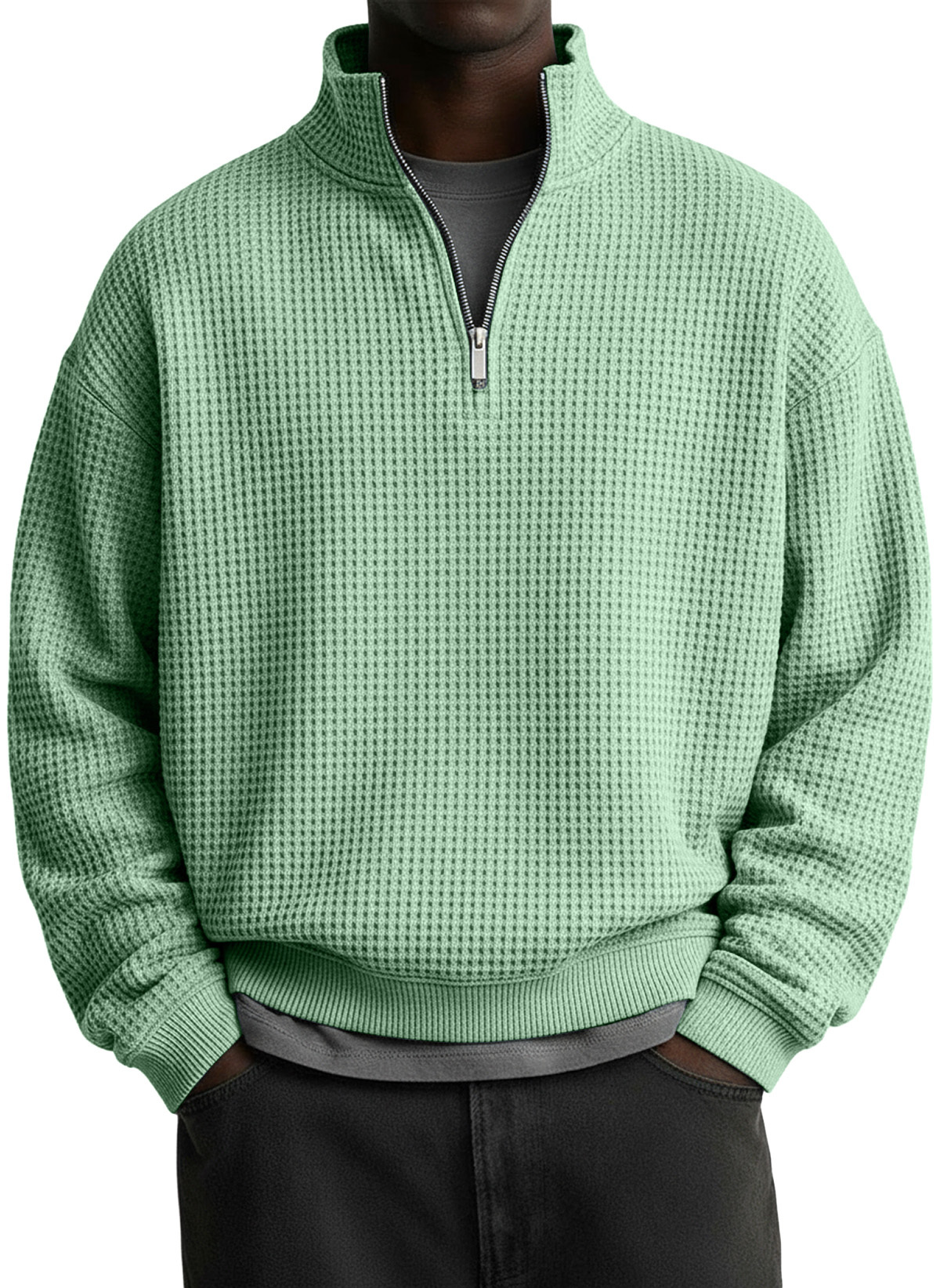 Men's Casual Solid Waffle Fabric Stand Collar Zip Sweatshirt