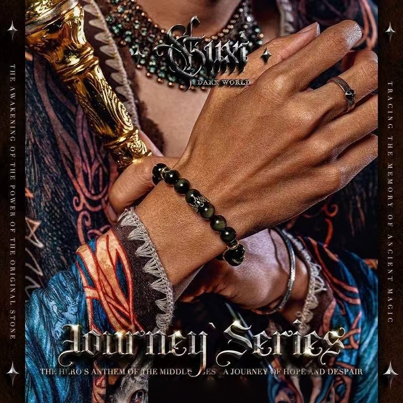 Golden Prestige: Men's Vintage Black Obsidian & Pyrite Wealth Bracelet