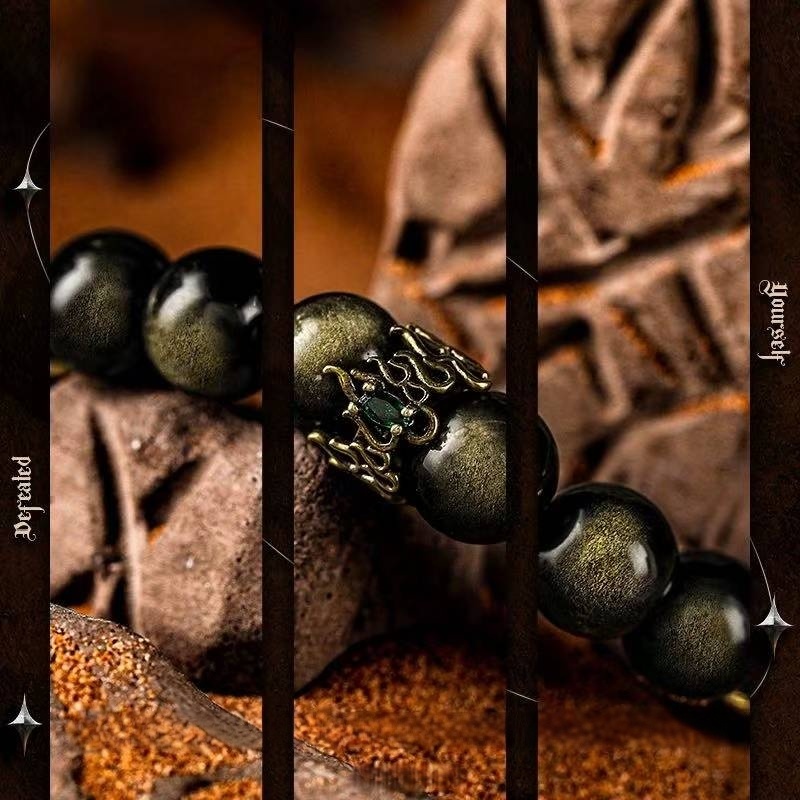 Golden Prestige: Men's Vintage Black Obsidian & Pyrite Wealth Bracelet