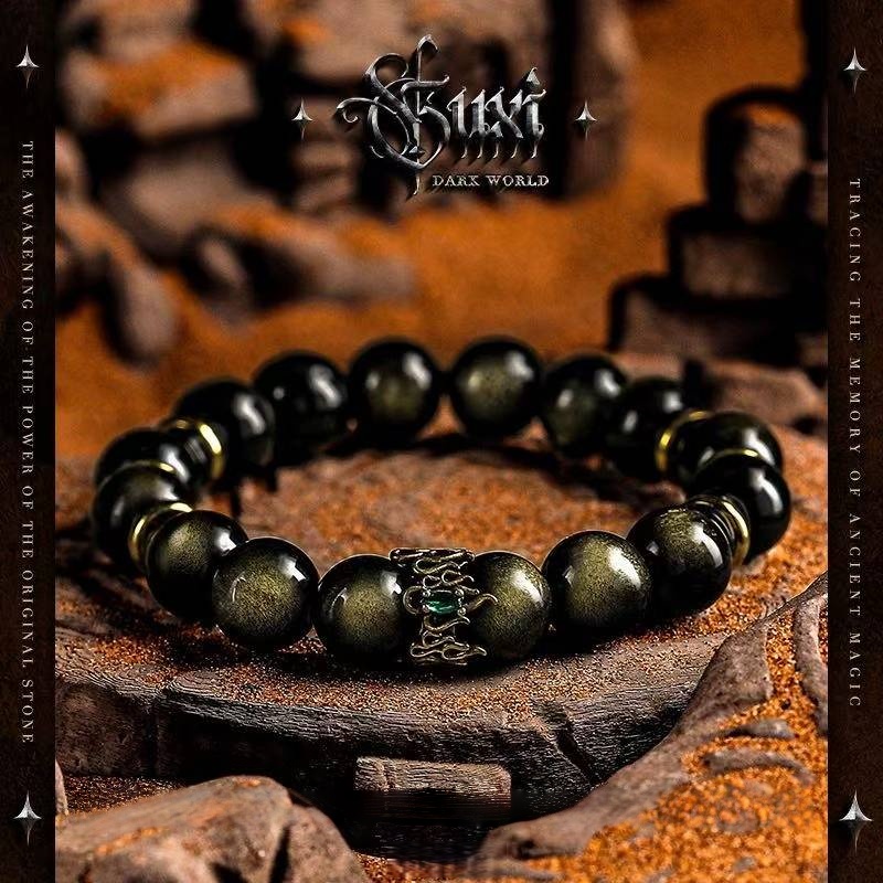Golden Prestige: Men's Vintage Black Obsidian & Pyrite Wealth Bracelet