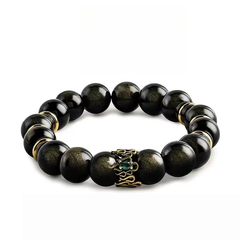 Golden Prestige: Men's Vintage Black Obsidian & Pyrite Wealth Bracelet