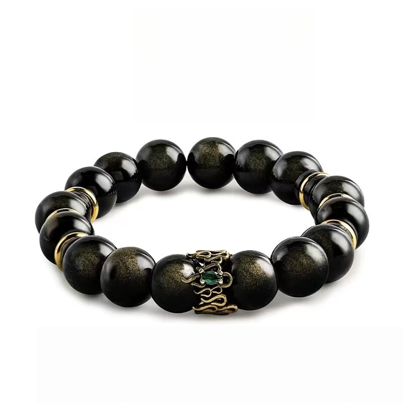 Golden Prestige: Men's Vintage Black Obsidian & Pyrite Wealth Bracelet