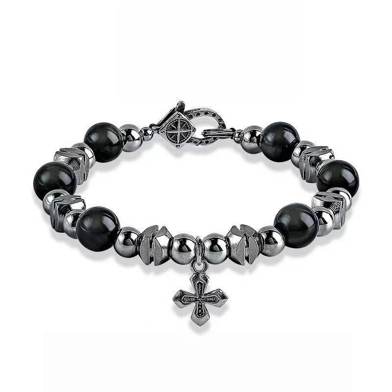 Faith's Armor: Black Obsidian & Cross Bracelet for Victory & Hope