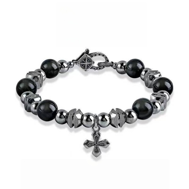Faith's Armor: Black Obsidian & Cross Bracelet for Victory & Hope