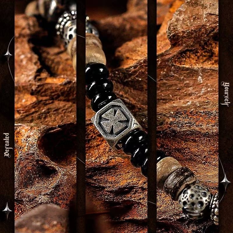The Braveheart Strand: Men's Black Onyx & Brown Coconut Shell Bracelet with Bronze Accents - Stone Beads for Courage & Hope