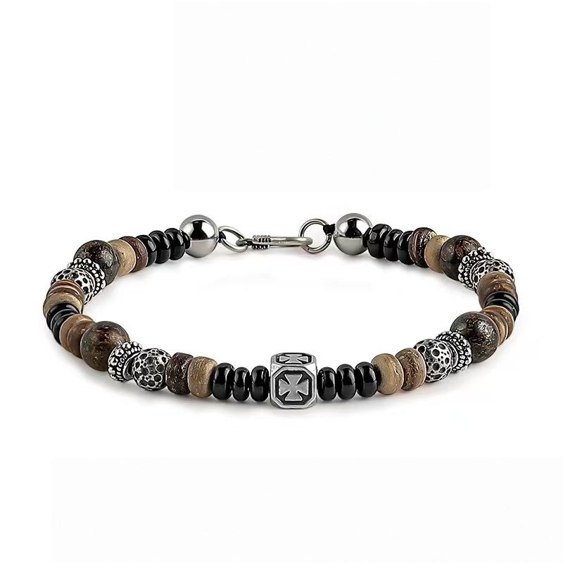 The Braveheart Strand: Men's Black Onyx & Brown Coconut Shell Bracelet with Bronze Accents - Stone Beads for Courage & Hope