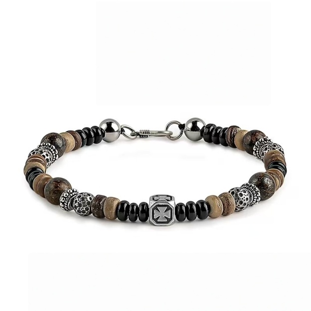 The Braveheart Strand: Men's Black Onyx & Brown Coconut Shell Bracelet with Bronze Accents - Stone Beads for Courage & Hope