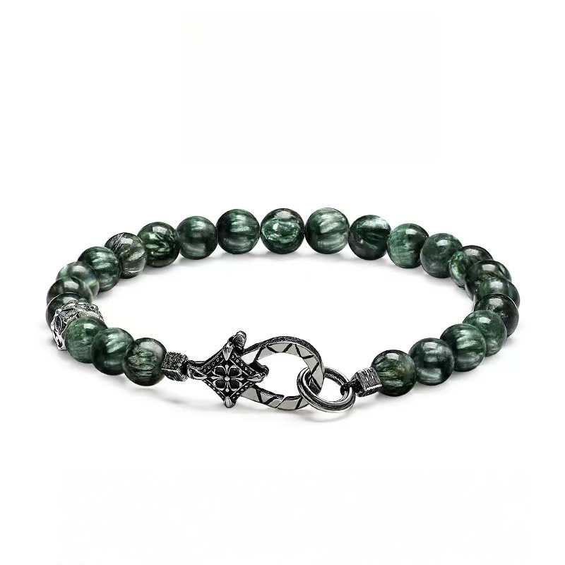 Men's Green Serpentine Bracelet with Feather Pattern, Stone Bead Accessory for Resilience and Power