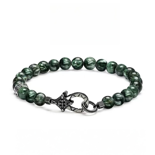 Men's Green Serpentine Bracelet with Feather Pattern, Stone Bead Accessory for Resilience and Power