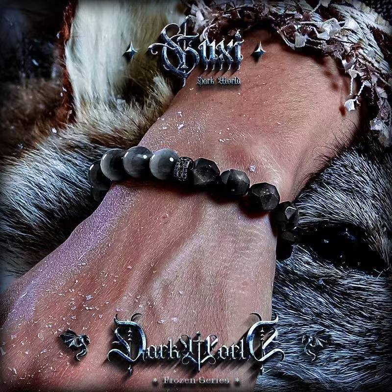 Men's Black Obsidian Eagle Eye Bracelet, Silver Accent Gothic Style for Resilience and Clarity