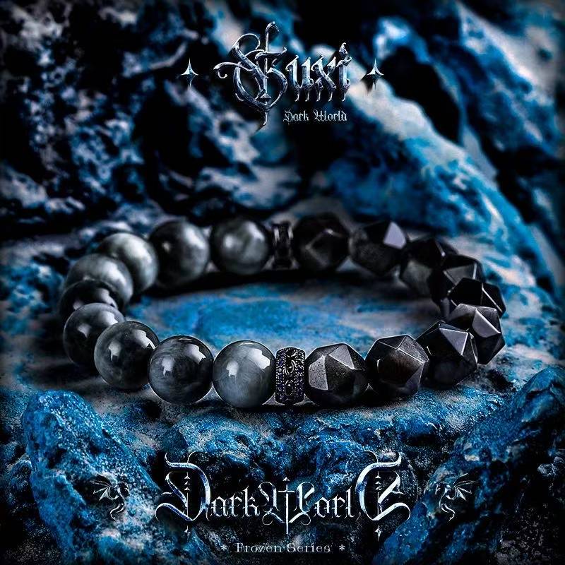 Men's Black Obsidian Eagle Eye Bracelet, Silver Accent Gothic Style for Resilience and Clarity