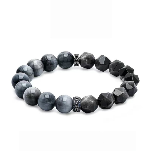 Men's Black Obsidian Eagle Eye Bracelet, Silver Accent Gothic Style for Resilience and Clarity