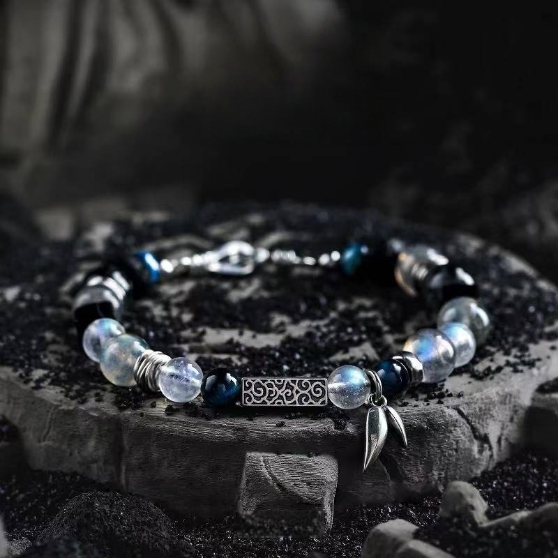 The Moonlit Ascent: Men's Moonstone & Blue Tiger Eye Bracelet for Hope & Triumph