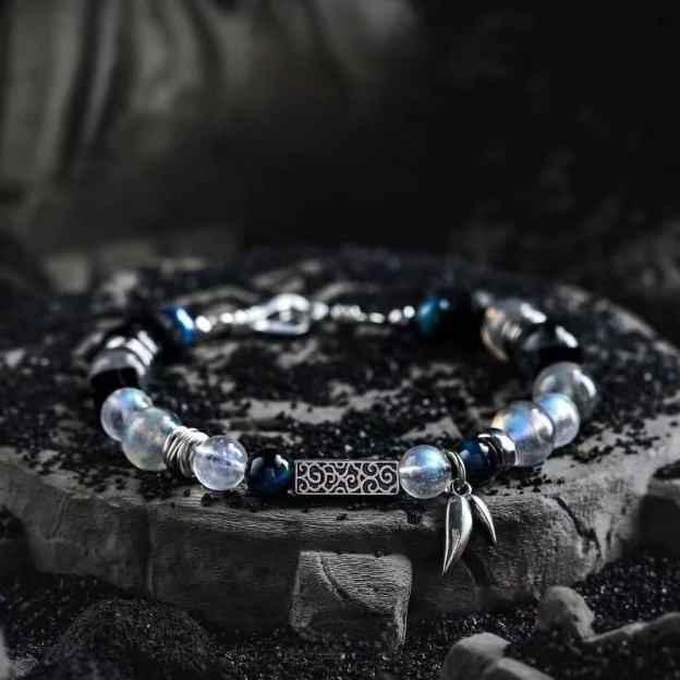 The Moonlit Ascent: Men's Moonstone & Blue Tiger Eye Bracelet for Hope & Triumph