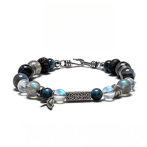 The Moonlit Ascent: Men's Moonstone & Blue Tiger Eye Bracelet for Hope & Triumph