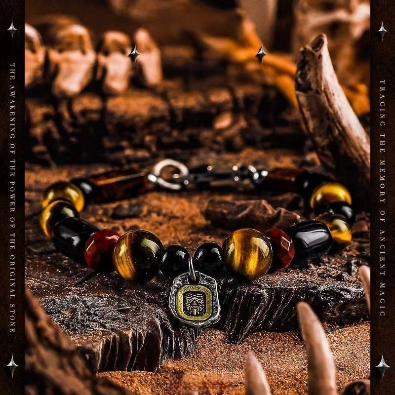 The Protector's Path: Men's Black Obsidian & Tibetan Tiger Eye Bracelet with Zambala Blessing for Strength & Courage