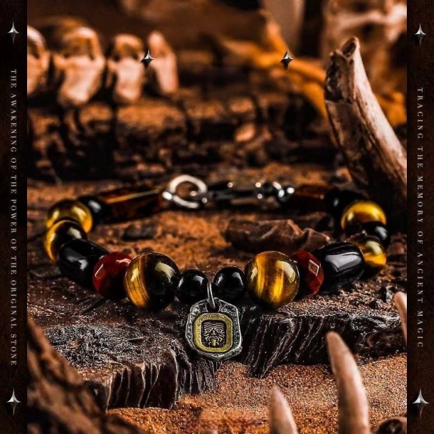 The Protector's Path: Men's Black Obsidian & Tibetan Tiger Eye Bracelet with Zambala Blessing for Strength & Courage