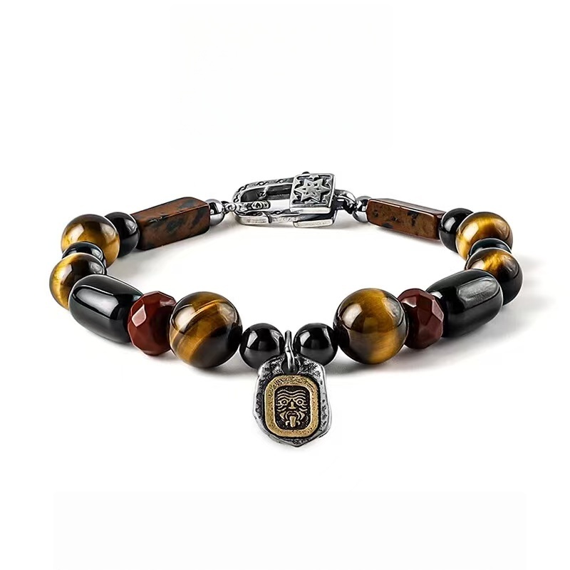The Protector's Path: Men's Black Obsidian & Tibetan Tiger Eye Bracelet with Zambala Blessing for Strength & Courage