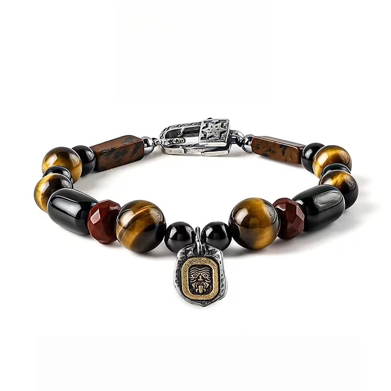 The Protector's Path: Men's Black Obsidian & Tibetan Tiger Eye Bracelet with Zambala Blessing for Strength & Courage