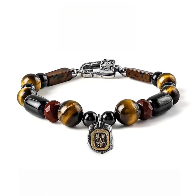 The Protector's Path: Men's Black Obsidian & Tibetan Tiger Eye Bracelet with Zambala Blessing for Strength & Courage