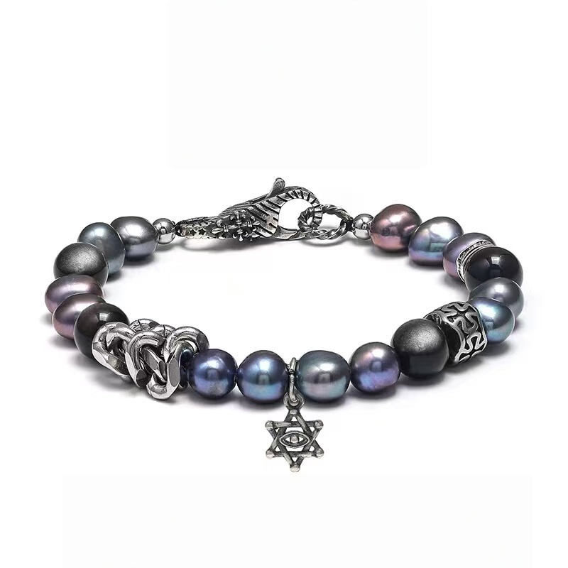 Men's Black Obsidian Bracelet with Silver & Baroque Pearl - Stone of Hope & Guidance