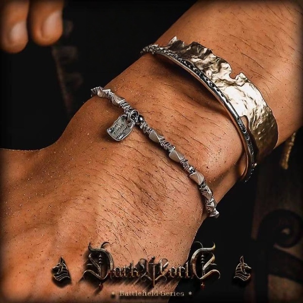 Men's Retro Crushed Silver Bracelet with Raw Square Pendant - Minimalist Industrial Style