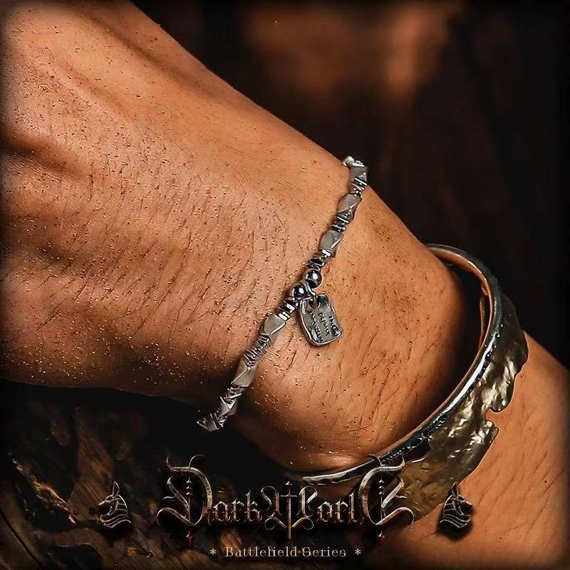 Men's Retro Crushed Silver Bracelet with Raw Square Pendant - Minimalist Industrial Style