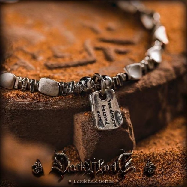 Men's Retro Crushed Silver Bracelet with Raw Square Pendant - Minimalist Industrial Style