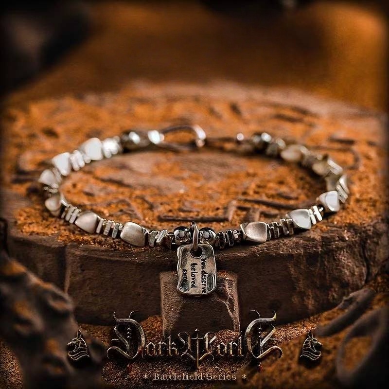 Men's Retro Crushed Silver Bracelet with Raw Square Pendant - Minimalist Industrial Style