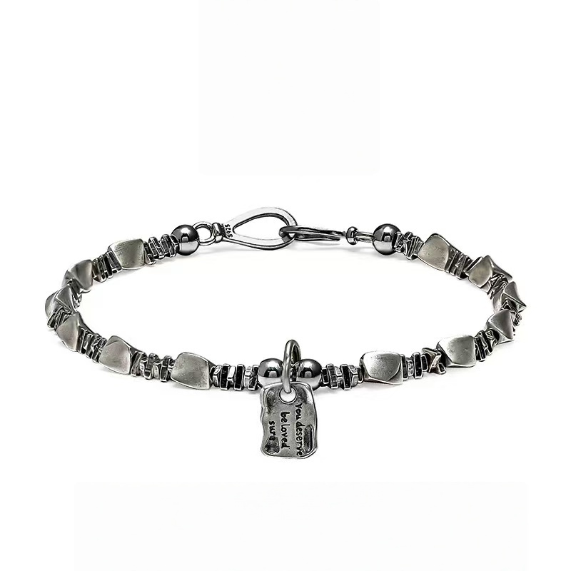 Men's Retro Crushed Silver Bracelet with Raw Square Pendant - Minimalist Industrial Style